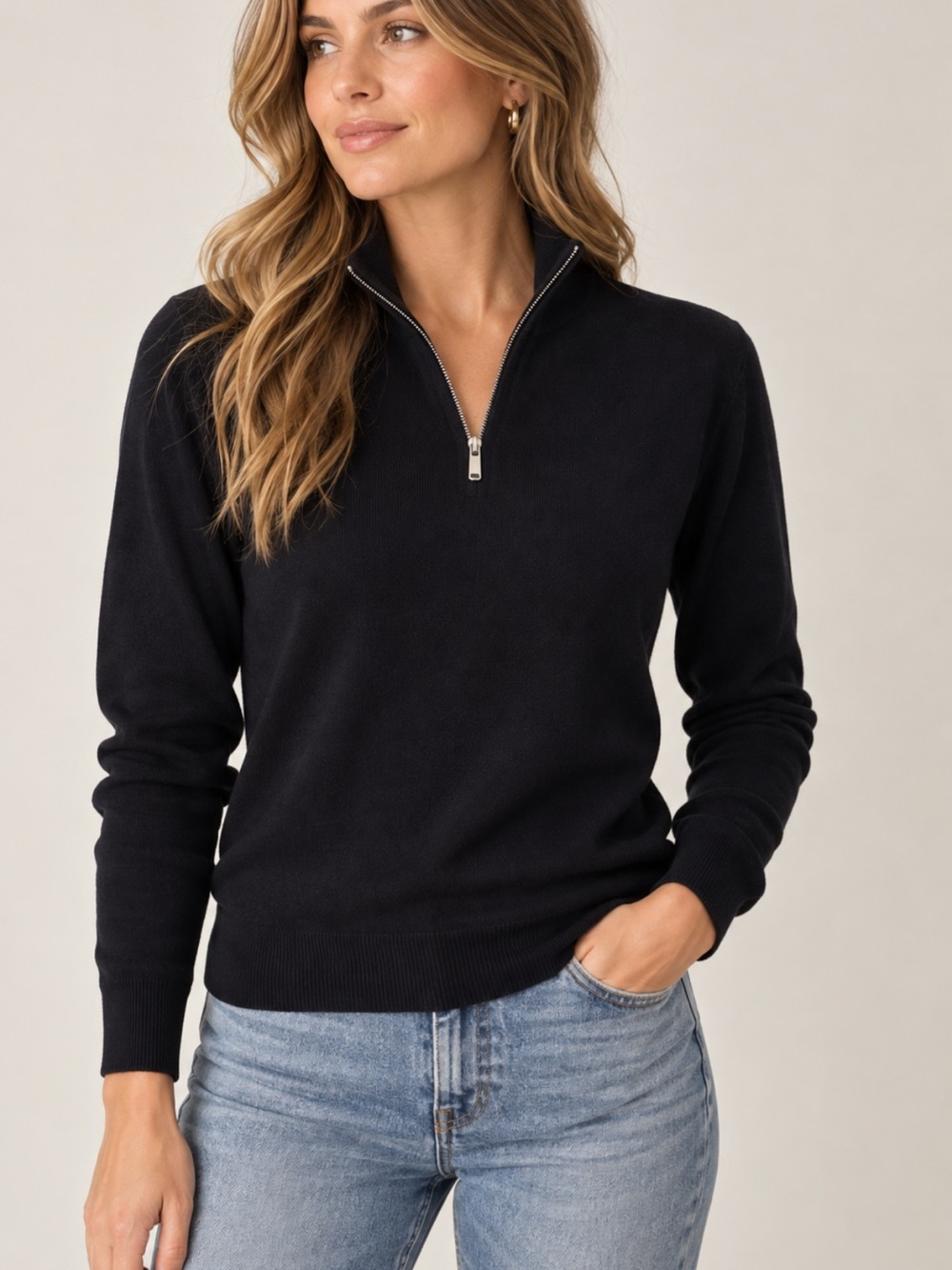 REISS Blackhall 100% Merino Wool Quarter Zip Sweater Black Size Large